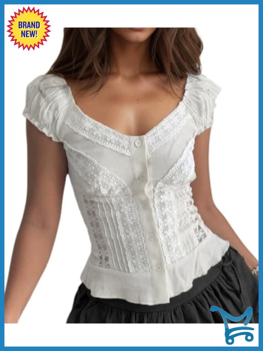 French Retro V Neck Lace Trim Cutout Blouse Puff Sleeve Crop Top